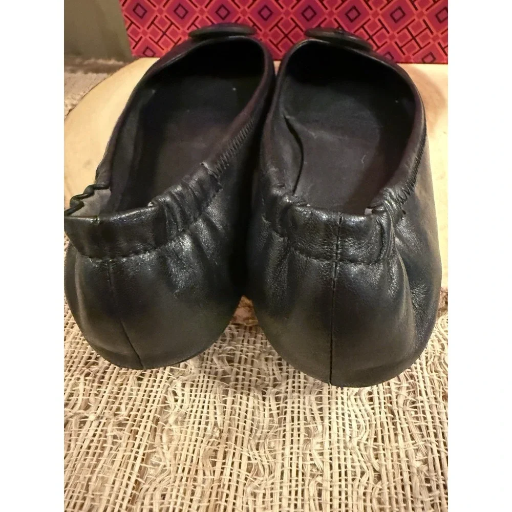 Tory Burch Minnie Travel Ballet Women's Pebble Leather‎ Perfect Black Sz-9